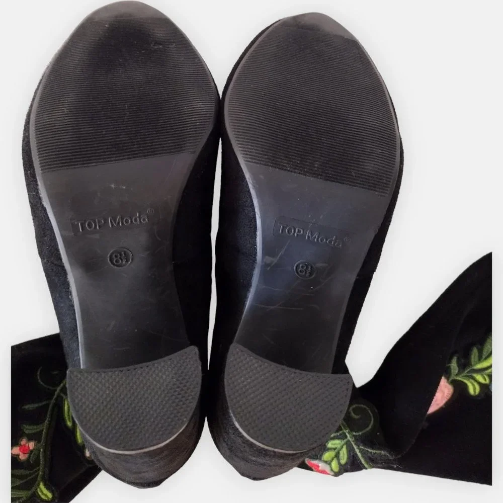 Top Moda Black Suede Floral Embroidered Over The Knee Boots 8.5